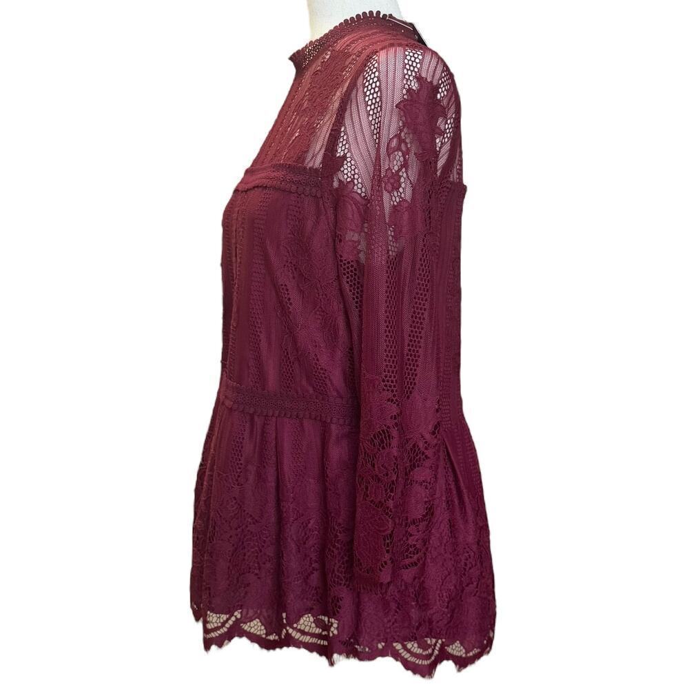 NWT Miss Cheivous Burgundy Boho Lace Layered 3/4 Sleeve Blouse, Women’s L - Picture 4 of 9